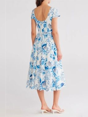 Avec Les Filles Blue and White Floral Square-Neck Midi Dress Fit & Flare 10/M